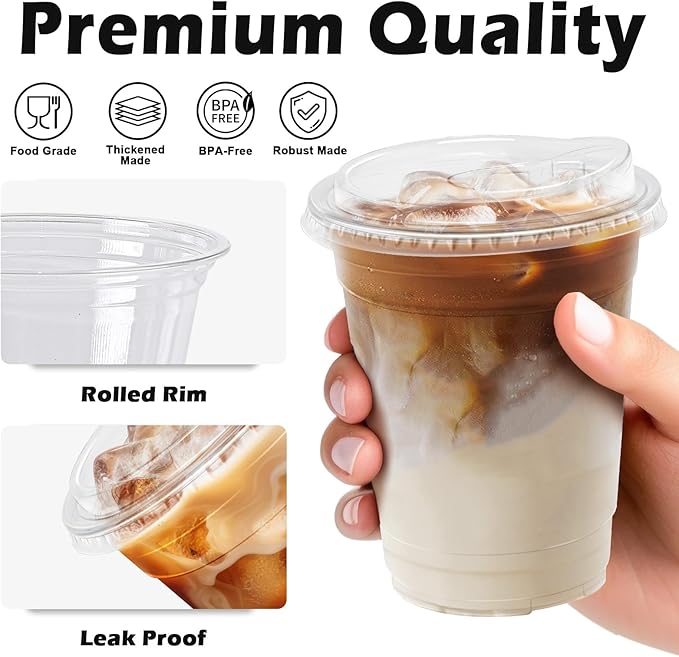 12 oz 50 Pack Clear Plastic Cups with Lids, Sturdy Iced Coffee Cups with Sip Lids, Disposable Food Safe Smoothie Cup for Cold Drinks, Juice, Milkshake