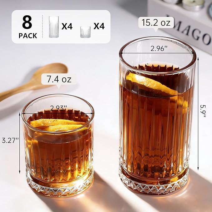 Ruckae Drinking Glasses Set of 8, 15 oz and 7 oz Kitchen Water Glass Cups Set - Image 3