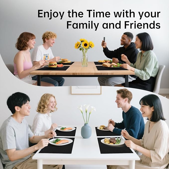 Blue Forest Placemats Set of 6, Dual-Layered Thickened Faux Linen Table Mats Heat Resistant Machine Washable Wrinkle Free Place Mats for Kitchen Dining Outdoor/Indoor (Black)