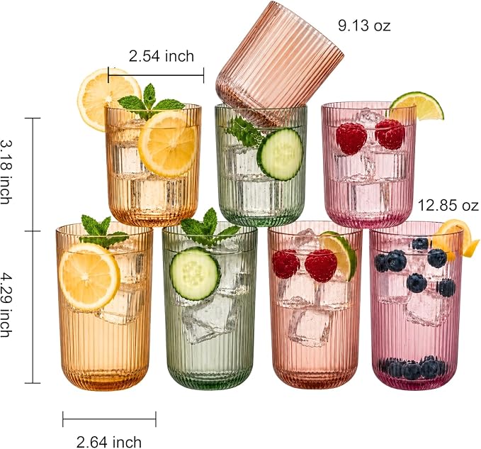 Set of 8 Dopamine Colored Ribbed Glassware, 4 Highball Glasses 14oz & 4 Rocks - Image 9