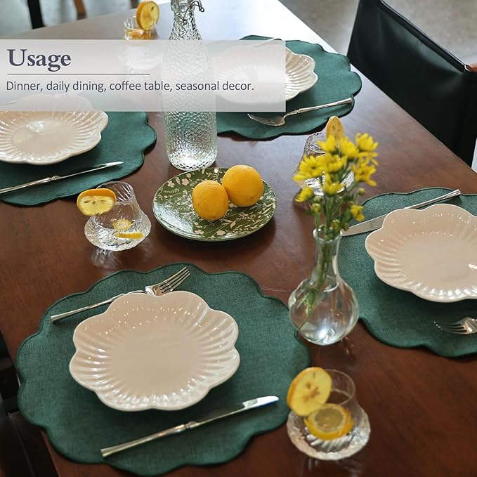 AHHFSMEI Round Faux Linen Placemats Set of 4 Waterproof Table Mats Heat Resistant Non-Slip and Stain Proof for Kitchen Dining Elegant Decor (Forest Green,4)