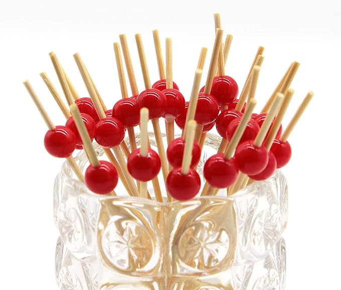 Minisland Red Pearl Cocktail Picks, 4.7 Inch Long Bamboo Fancy Toothpicks for Appetizers, Decorative Valentines Christmas Holiday Party Food Drink Garnish Fruit Kabob Skewer Sticks 100 Counts -MSL155