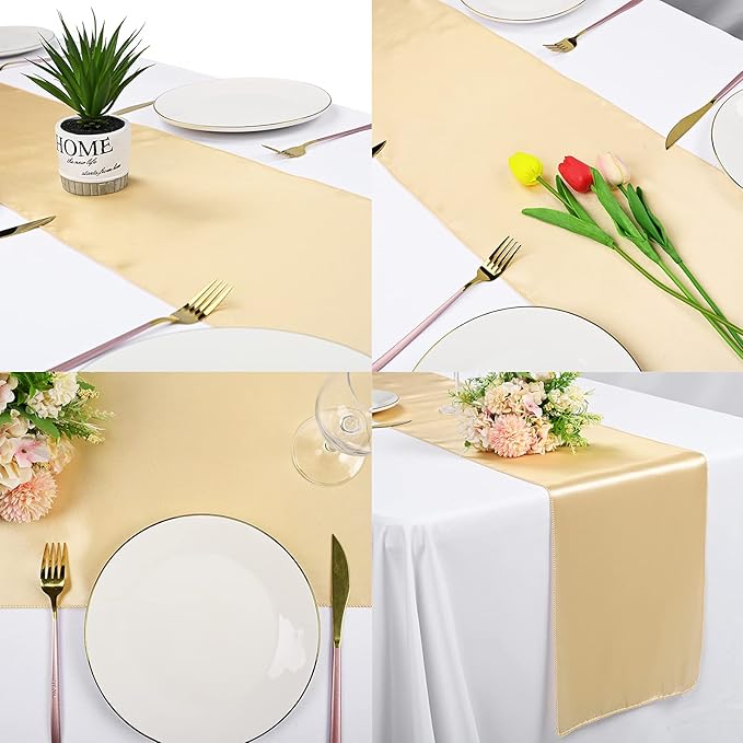 10-Pack Champagne 12 x 108 inches Long Premium Satin Table Runner | Wedding - Image 5