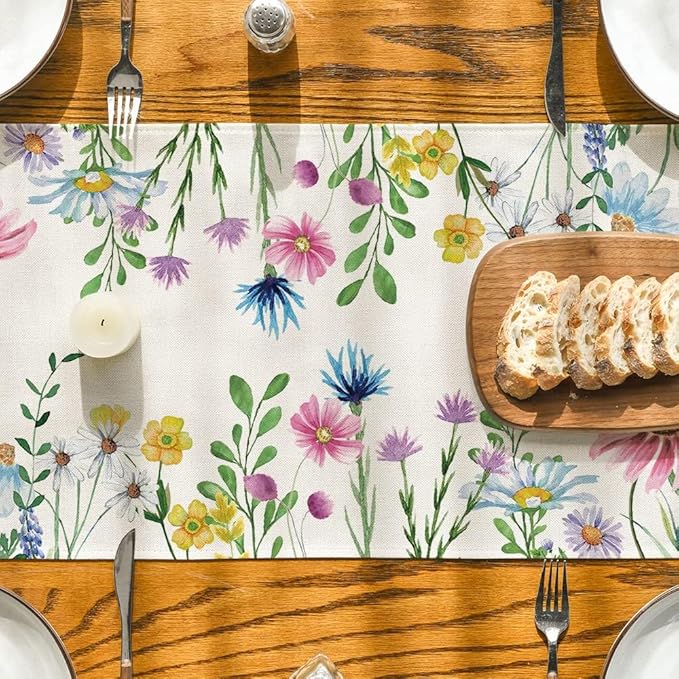 Artoid Mode Daisy Eucalyptus Lavender Floral Leaves Summer Table Runner - Image 3