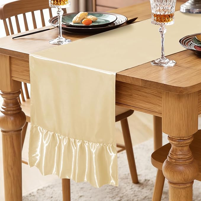 2 Pack Beige Satin Table Runner 12 x 108 Inch | Ruffle Design, Luxurious Dining - Image 2