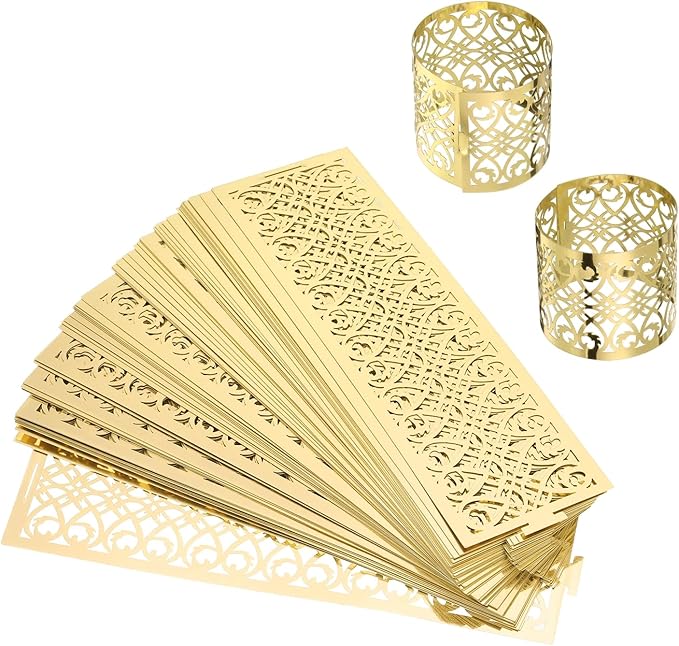 uxcell 100Pcs Napkin Rings Laser Cut Foil Paper, Napkin Holder Hollow Napkin Bands for Weddings Party Serviette Table Decoration Restaurant (Reflective Gold, 5.3 x 1.6)
