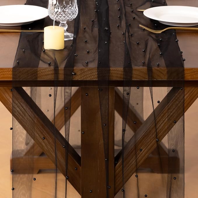 Pearl Table Runner Summer Tulle Gauze Sheer Wedding Party Home Decor | Black - Image 2
