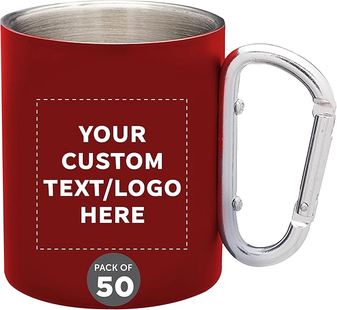 Custom Stainless Steel Mugs with Carabiner Handle 10 oz. Set of 50, Personalized Bulk Pack - Perfect for Coffee, Soda, Other Hot & Cold Beverages - Red
