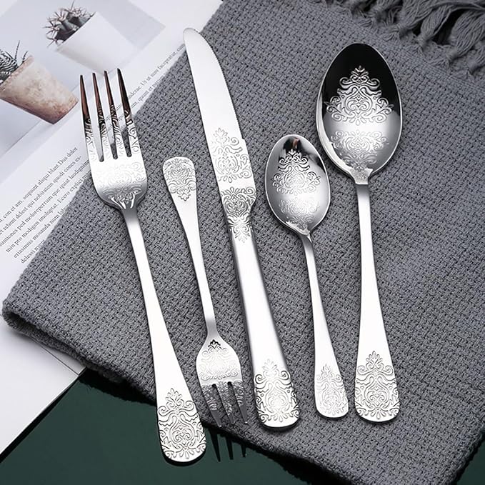 IKXO Silverware Set 50 Piece Silver Flatware Set for 10,Stainless Steel Flatware Cutlery Set For Home Hotel, Kitchen Utensils Set Include Fork Knife Spoon,Mirror Polished,Dishwasher Safe