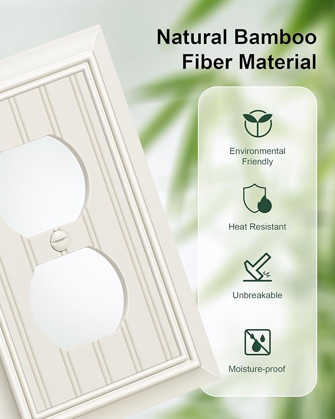 6-Pack Classic Beadboard Duplex Outlet Cover Plate, Decorative Light Almond Switch Plates and Outlet Covers, Natural Bamboo Fiber Wall Plates for Electrical Outlets, 1 Gang Receptacle Cover