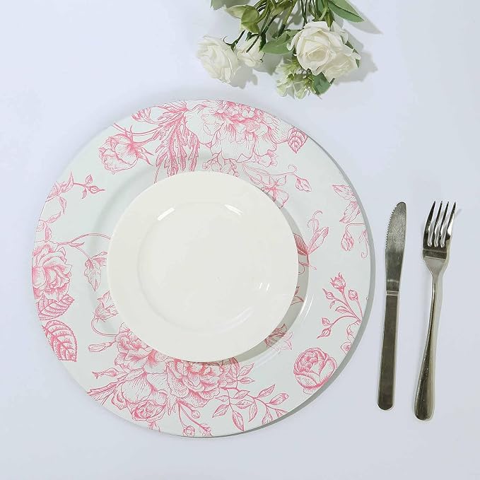 Efavormart 6 Pack White Pink Floral Acrylic Charger Plates in French Toile - Image 8