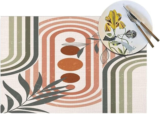 Mid Century Boho Sage Placemats, Abstract Bohemian Mid Century Plant Leaf Rainbow Dots Washable Place Mats 12x18Inch for Dining Kitchen Farmhouse Decor 4 PCS