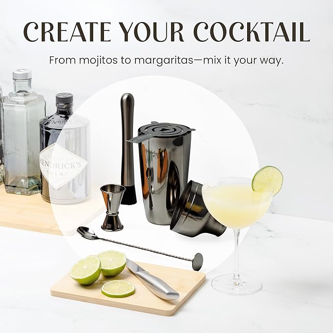 Mixology & Craft Cocktail Shaker Set with Bamboo Stand - Professional 18oz 10-Piece Bartender Kit - Complete Bar Set & Cocktail Mixer Kit for Home (Gunmetal)