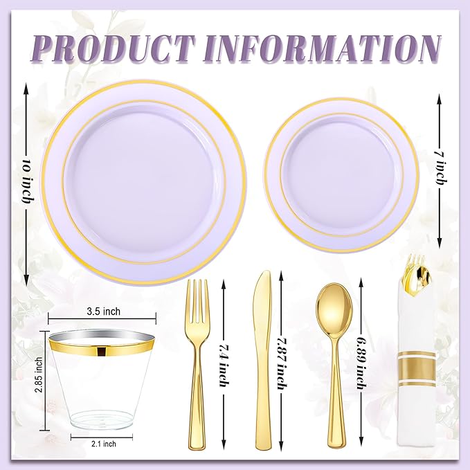 175PCS Purple Plates Disposable - Lavender Plastic Plates 25Guests Plastic Dinnerware with Rolled Napkins for Birthday/Spring/Baby Shower/Easter