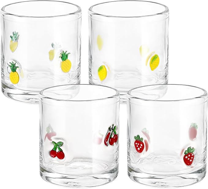 4 Pcs Fruit Icon Juice Glasses | 14oz Cute Pattern Stemless Wine Glass by Ovveroche