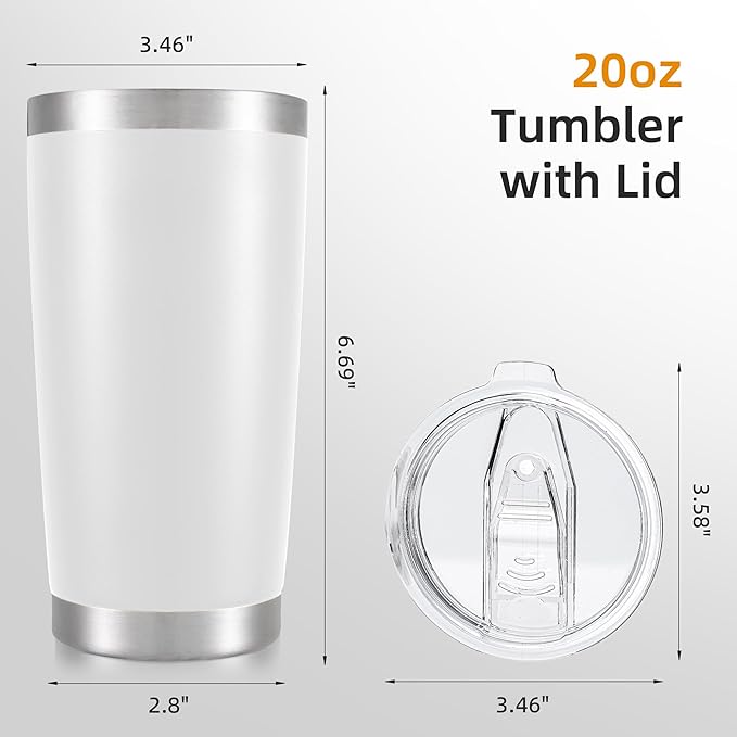 20 oz Tumbler Bulk with Lid Stainless Steel Insulated Tumblers Double Wall Vacuum Coffee Mug Powder Coated Tumbler Cups for Cold and Hot Drinks, White, 12 pack