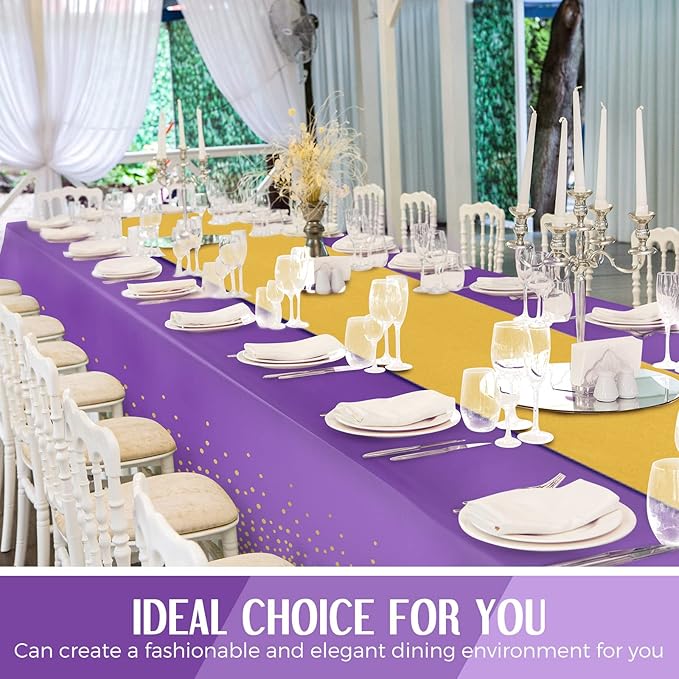 Breling 24 Pack Purple and Gold Disposable Plastic Tablecloths and Satin Table Runner Set, 54 x 108 Inch Tablecloth, 12 x 108 Inch Table Runners for Wedding Graduation Birthday Baby Shower