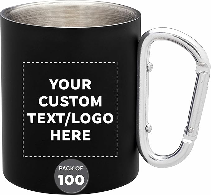 Custom Stainless Steel Mugs with Carabiner Handle 10 oz. Set of 100, Personalized Bulk Pack - Perfect for Coffee, Soda, Other Hot & Cold Beverages - Black