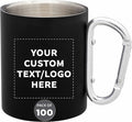 Custom Stainless Steel Mugs with Carabiner Handle 10 oz. Set of 100, Personalized Bulk Pack - Perfect for Coffee, Soda, Other Hot & Cold Beverages - Black