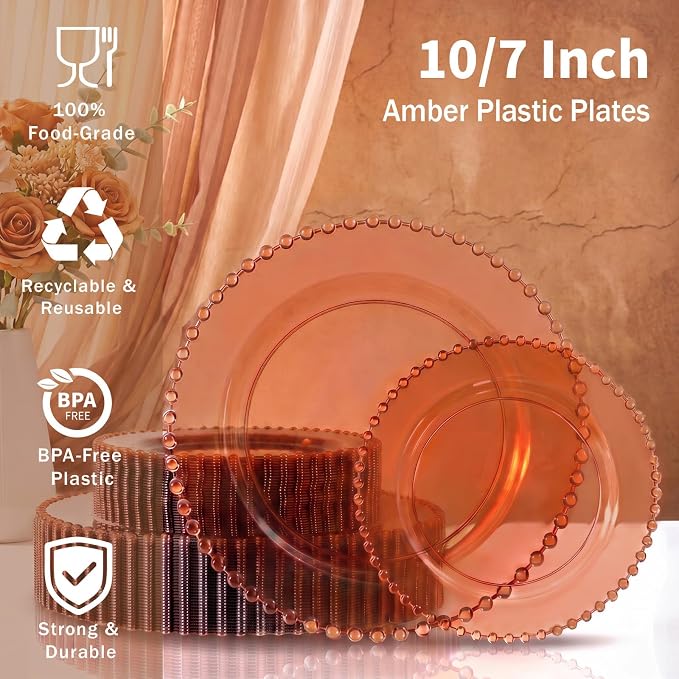U-QE 60PCS Clear Brown Plastic Plates, Beaded Plates Disposable Heavy Duty | - Image 3