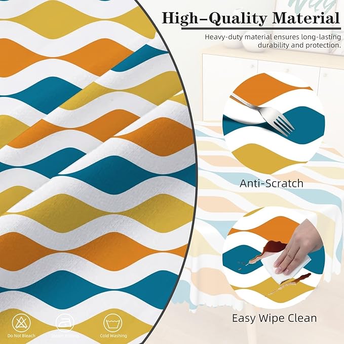 Laeacco 24 Inch Geometric Round Tablecloth Blue and Orange Waved Stripes Modern Abstract Art Print Table Cloth Washable Waterproof Wrinkle Free Table Cover for Kitchen Dining Picnic Party Decoration