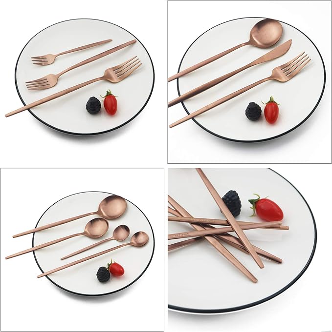 JASHII 32-Piece Tableware Set Stainless Steel Flatware Set with Coffee Spoon Long Handle Spoon Premium Cutlery Service for 4 Satin Finish Utensils for Home (Copper)