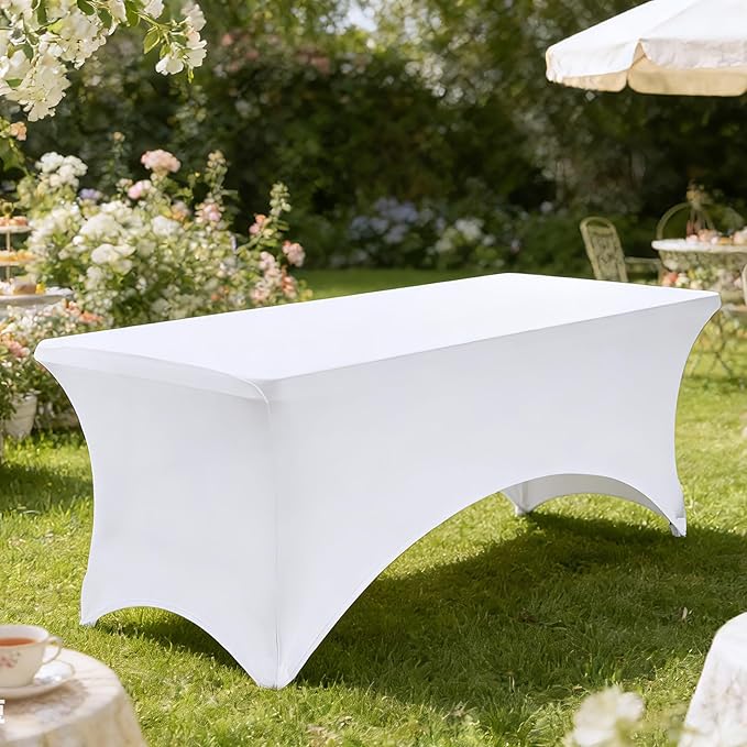 VidaFete Spandex Tablecloth 6 Pack 8FT, Fitted Stretch Table Cover for Rectangle Tables, Wrinkle Resistant and Washable Tablecloths for Outdoor, Picnic, Party, Wedding, Banquet, Birthday, White