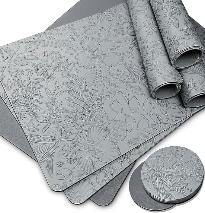 Spring Floral Pattern Placemats and Coasters Set, Embossed Flower Dinner Table by Unknown