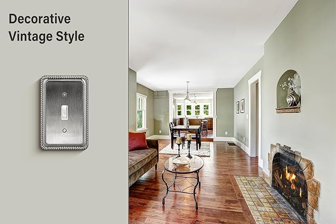 Henne Bery Rope Edge Decorative Wall Plate Switch Plate Outlet Cover (Single Toggle, 3 Pack, Heirloom Silver)