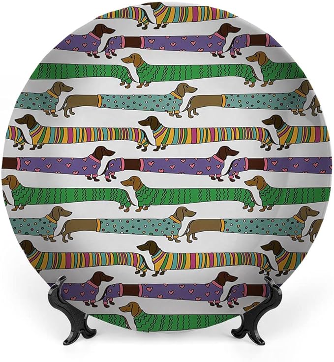 Ceramic Display Plate, Dog Lover Ceramic Hanging Decorative Plate, Cartoon Style Dachshunds Dressed in Pyjamas Chevron, 6 Inch, Household Custom Ceramic Plate, Multicolor