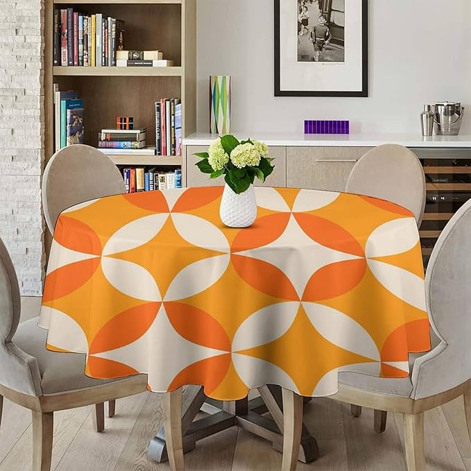 Retro Mid Century Round Tablecloth, Abstract Geometric Mid Century Colorful Pattern Print Tablecloth for Home Party Dining Room Kitchen Decor 70Inch(178cm)