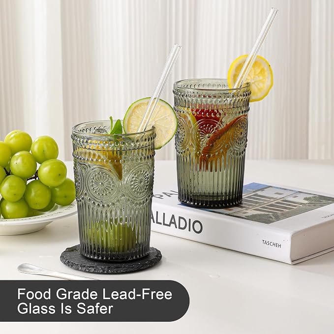 ZMOWIPDL Drinking Glasses Set of 6, 13oz Flower Design Grey Glass Cups | - Image 4