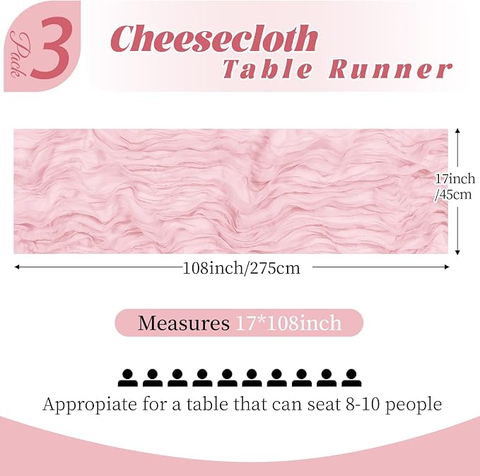 3 Pack Light Pink Cheesecloth Table Runner, 17 x 108 Inch, Gauze Cheese Cloth - Image 2