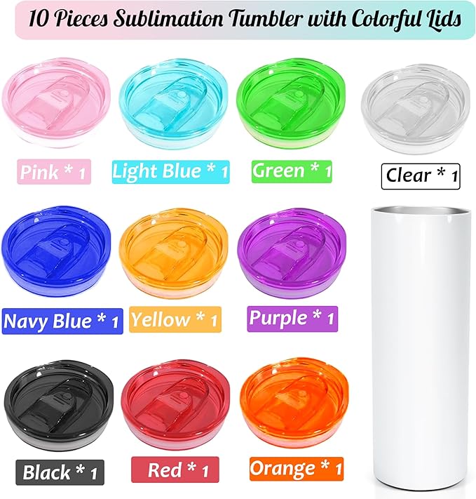 AGH 10pcs 20 oz Sublimation Tumbler Flat Edge Blanks, 20oz Sublimation Tumblers Skinny Straight Cups Bulk with Colorful Lid, Individual Box, Plastic Straw For Coffee Drinks
