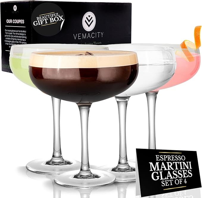 VEMACITY - Elegant Espresso Martini Glasses Set of 4 (10oz) - Classic Coupe Glasses for Martinis, Champagne, Margaritas | Handblown Crystal Cocktail Glassware | Ideal for Martinis and Cocktails