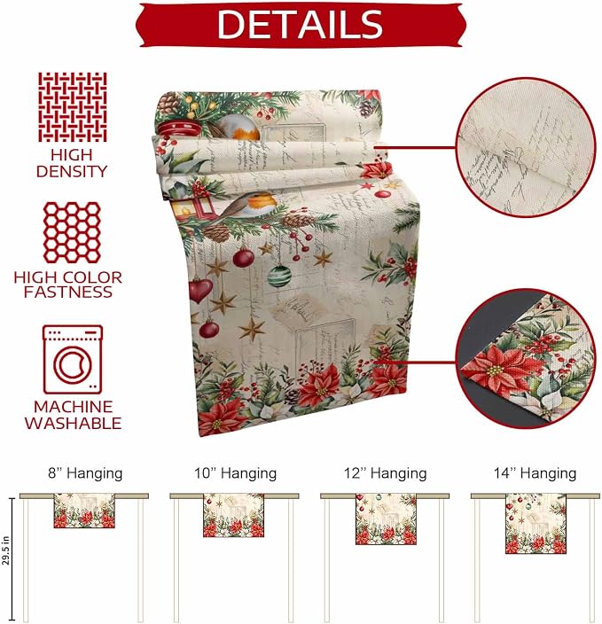 Christmas Poinsettia Table Runner 36 Inches Long, Winter Xmas Balls Birds Table - Image 7