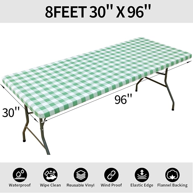 Smiry Rectangle Picnic Table Cloth, Elastic Waterproof Fitted Vinyl Tablecloths, Flannel Backed Buffalo Plaid Table Covers for Dining, Camping, Outdoor (Sage Green and White, 30" x 96")