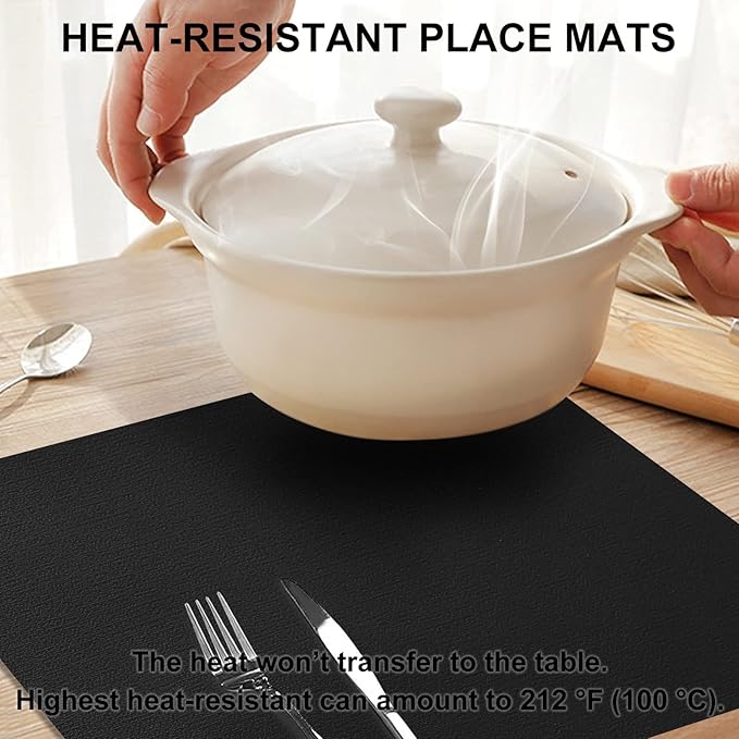 homing Faux Leather Heat Resistant Placemats 4 Packs, Waterproof Wipeable Dining PU Place Mats for Indoor & Outdoor, Easy to Clean, Black