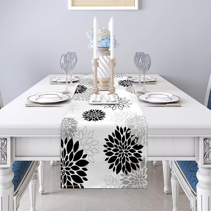 Dahlia Flower Table Runner 13x36 Inch Farmhouse Black Gray Runners Modern Table - Image 5