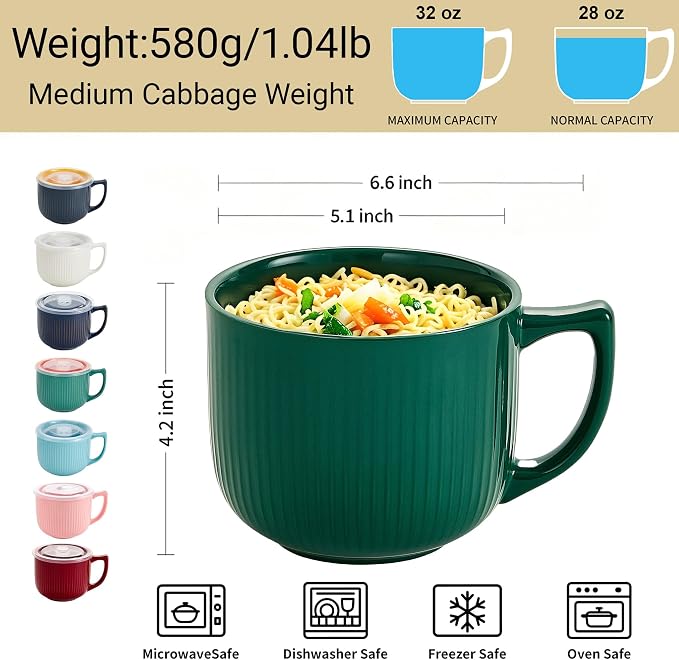 Ceramic Soup Bowl with Handle & Lid, 32oz Microwave Ramen Bowl Forest Green | - Image 3