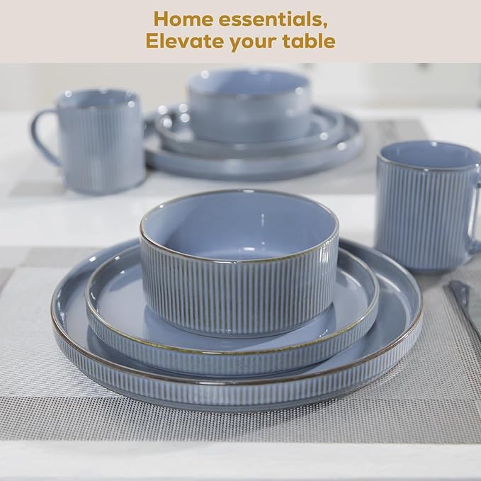 Romswi Stoneware Dinnerware Sets 18Pcs, Ceramic Plates and Bowls Set for 6, Chip & Scratch Resistant Ribbed Dish Set, Handmade Reactive Glaze, Oven, Microwave & Dishwasher Safe, Gray Blue