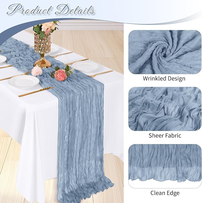 3 Pack Dusty Blue Cheesecloth Table Runner, 17 x 108 inch, Semi Sheer Boho - Image 4