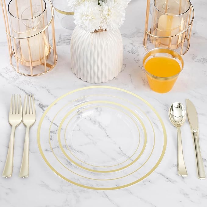 BESTVIP 300PCS Clear Gold Plastic Plate Set (50 Guests), Disposable Dinnerware Set for Party, Wedding, Birthday - 100 Plates, 100 Forks, 50 Spoons, 50 Knives for Christmas