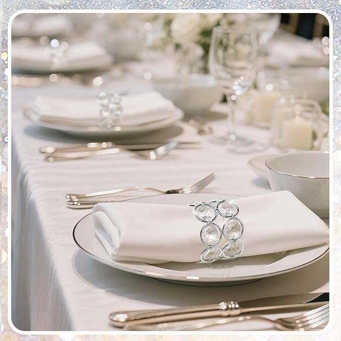 Crystal Metal Napkin Rings Set, Elegant Wedding/Party Table Decor, Shiny Holiday Dinner Accessories Bulk, Bridal Shower Gift, Anniversary, Christmas, Home Decor Essentials (Silver, 12-Pcs)