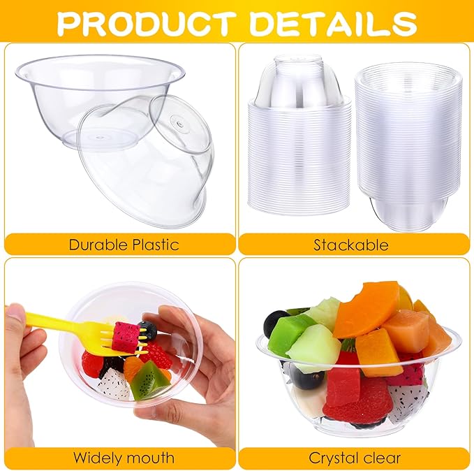 100 Packs 8.5 oz Clear Plastic Bowls Disposable Plastic Bowls for Parties Weddings Serving Container for Candy, Soup, Dessert, Salsa, Ice Cream, Popcorn, Chip