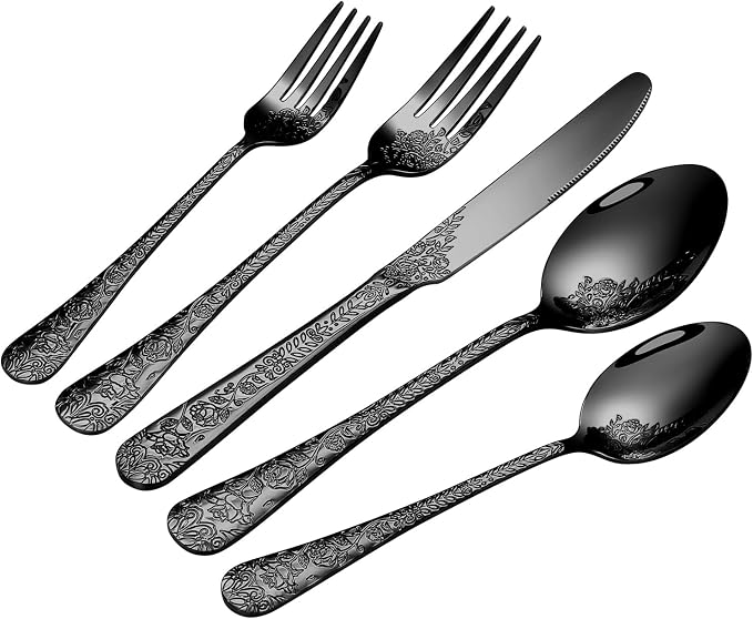 40 Pcs Black Silverware Set for 8, Food Grade Stainless Steel Flatware Set by Lazycorner