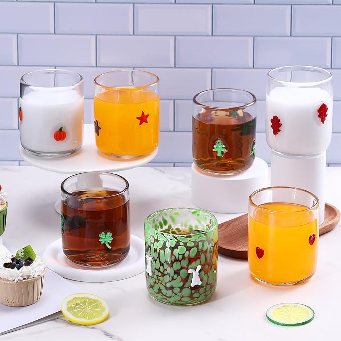 Icon Juice Glasses, 14oz Stemless Wine Drinking Juice Glass Cup for Valentine Party Supplies Gift(7 Pcs,Multi-style)