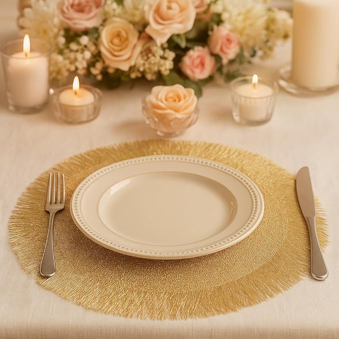 FAVE Set of 8 Gold Vinyl Round Placemats, Decorative Tassel Washable for Table Setting, Home Dining, Party, Restaurant (15 Inch,8PCS)