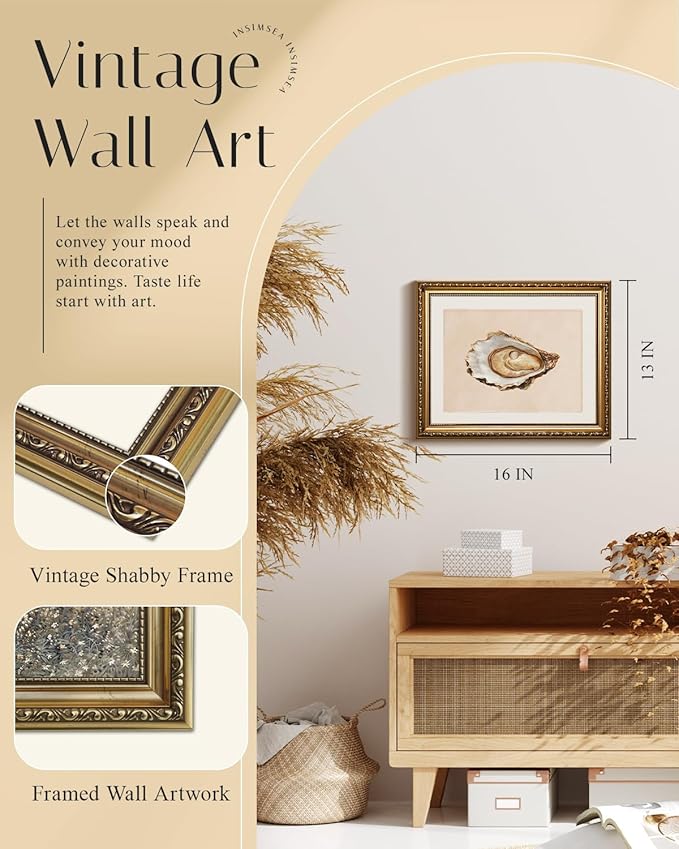 InSimSea Gold Framed Wall Art, Vintage Oyster Shell Sketch Kitchen Wall Decor, Still Life Canvas Print Art, Dining Room Farmhouse Decor, Antique Paintings with Picture Frame 13x16inch