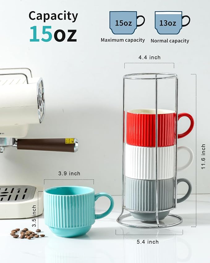 HASENSE Ceramic Coffee Mug Set of 4 - 15 oz Stacking Ribbed Latte Cups Set - Image 3